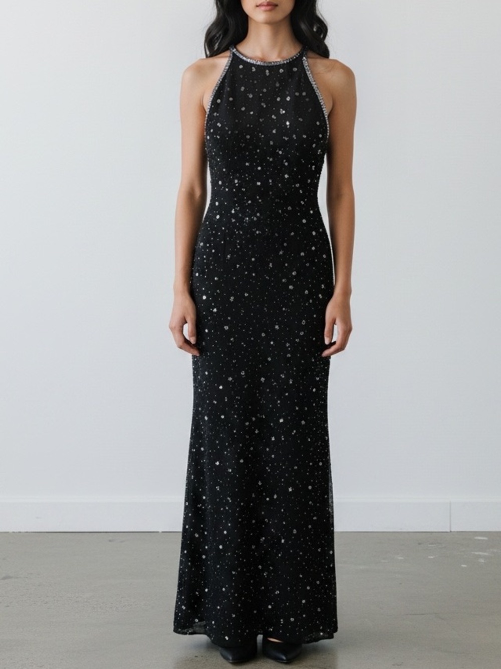 Sean Collection Black and Silver Sequin Halter Sheath Dress
